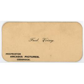 Name tag, Fred Voisey, Proprietor, Arcadia Pictures, Cessnock