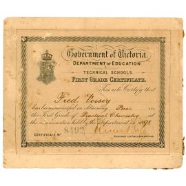 First Grade Certificate in Practical Chemistry awarded to Fred Voisey, 1898