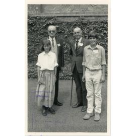 Henry Belfield, Reg White, Andrew Harvey and Sarah Harvey at White family reunion, Booloominbah, 1988