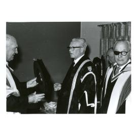 Sir Albert Axon, R. B Madgwick, Mr. Justice Clancy and Sir Richard Lane Poole, conferring of Honorary Degrees, 13 October 1962