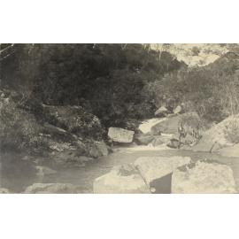Man seated near mountain stream, [Dorrigo?]