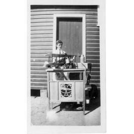 Student with woodwork display at "Siberia" at Armidale Demonstration School, c.1930