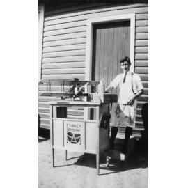 Armidale Teachers' College, student with woodwork display at "Siberia" at Armidale Demonstration School, c. 1930