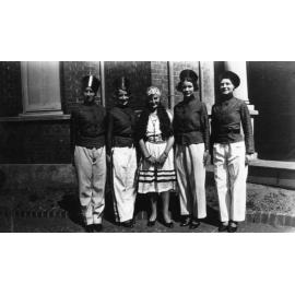 Armidale Teachers' College: Smith House: Fancy Dress, 1930-1931 Session. Zena Huggins, Hazel Hackett, Peggy Drummond, Mollie Scott, Nan Tindall