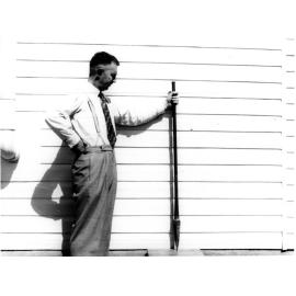 Eric Dunlop outside Pallamallawa School building in the grounds of the Armidale Teachers' College, c. 1955