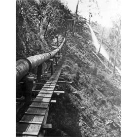 Styx River Hydro-Electric Scheme - end of fluming - beginning of iron pipe down gorge to generators, 1908
