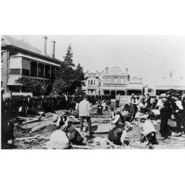 Ambulance Practice on the site of the former Dumaresq Shire Council Chambers in Faulkner Street, Armidale c. 1925