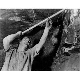 Ramming home the charge with a ramrod made from a broom handle, Damifino Mine. c. 1948