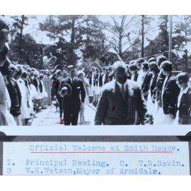 Official Welcome at Smith House, Principal Newling, T.R. Bavin, and W. H. Watson, Mayor of Armidale 