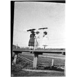 Three women standing on a raised boardwalk in a bush setting [Dora, Vera, and Clare Chamberlain]