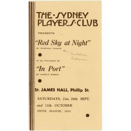 The Sydney Players' Club presents "Red Sky at Night", and "In Port"