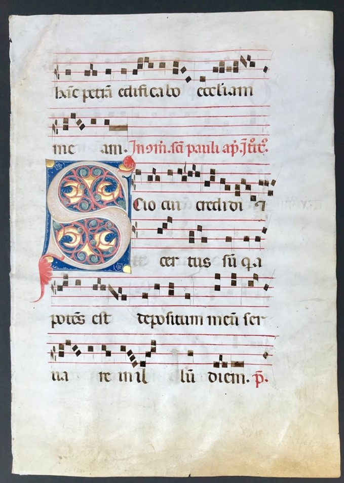 Parchment Leaf containing decorated initial 'S' from a gradual