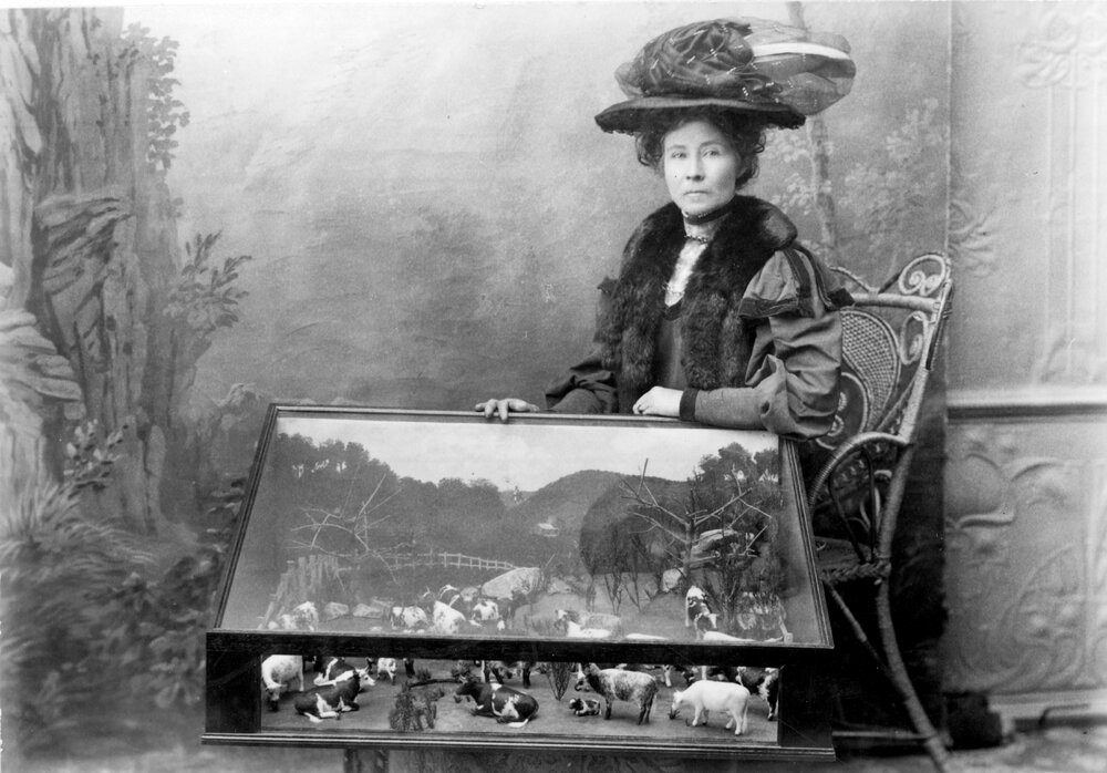 Mrs Mary Jane Penrose-Johnston with her farm animal models, 1899 [2008.13.ALC026]
