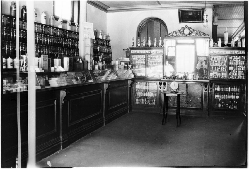 Interior of Mallam & Co pharmacy, Beardy Street, Armidale c.1920