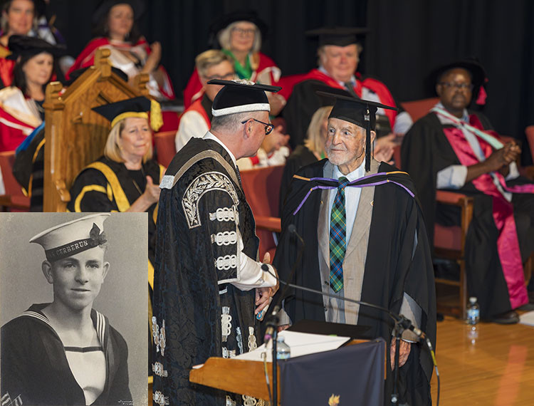 Ron receiving the UNE Alumni Community award from VC, Prof Chris Moran in 2023.
Insert: Ron as an RAN signalman c. 1943.